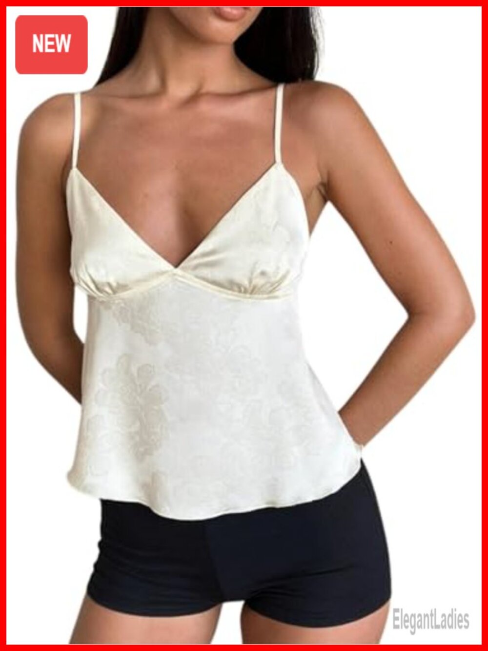 Satin Jacquard Floral V Neck Spaghetti Strap Crop Cami Babydoll Tank Top